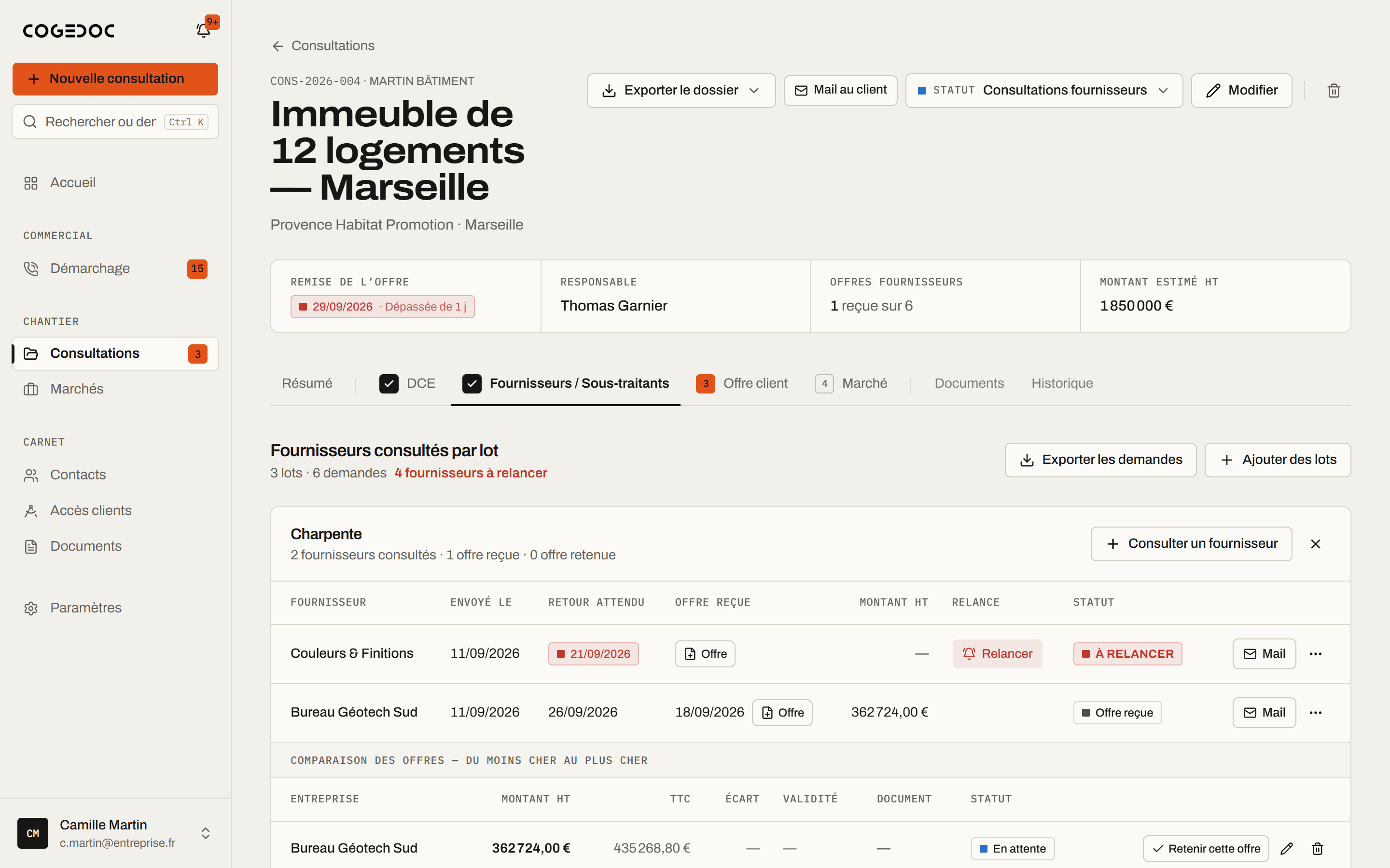 Fournisseurs consultés par lot et comparaison des offres