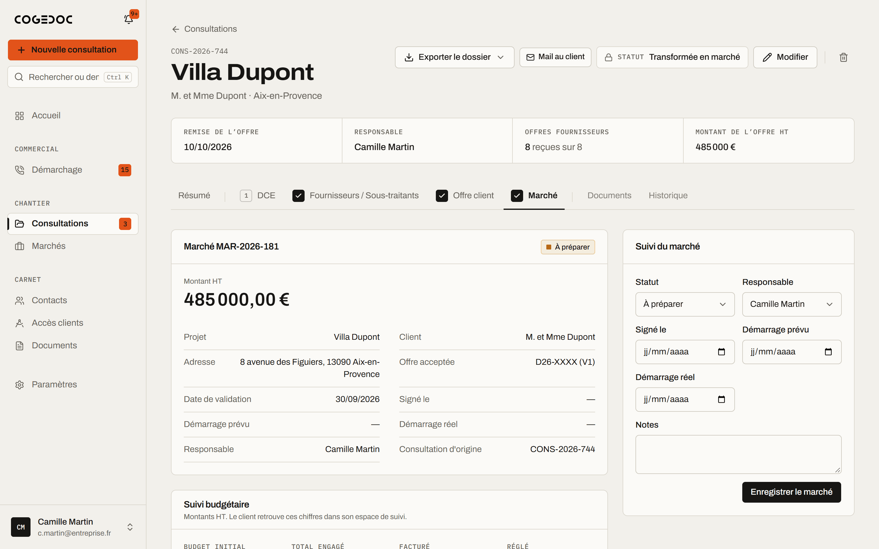 Fiche d’un marché signé avec son suivi